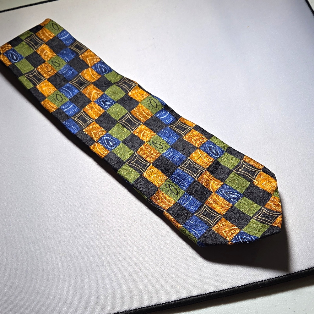 Ermenegildo Zegna 100% Silk Woven Geometric Abstract Tie Blue Orange